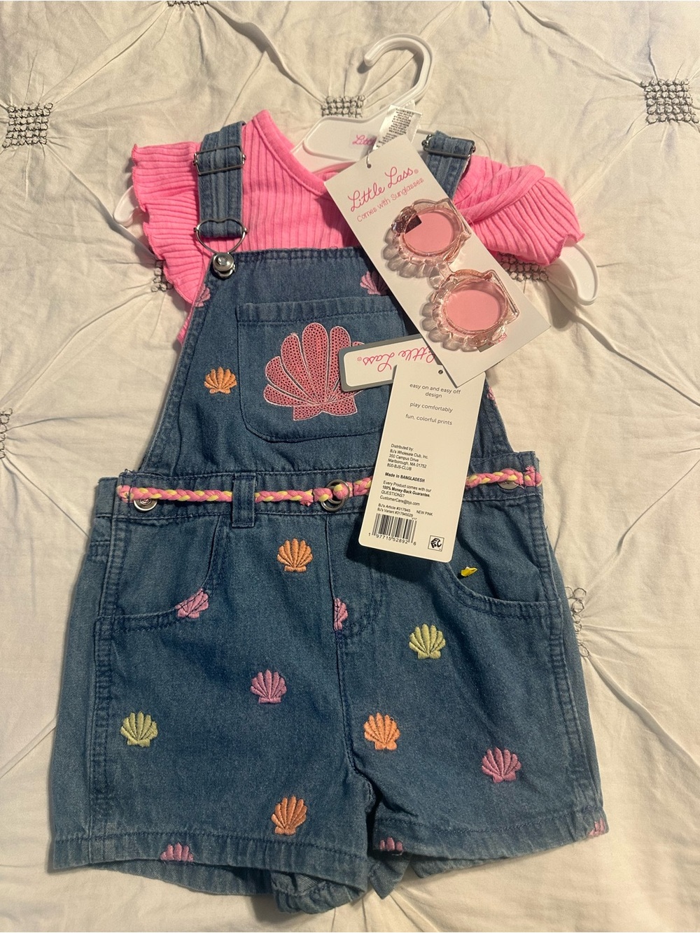 Little Lass Pink Tee with Embroidered Denim Shell Short Overalls